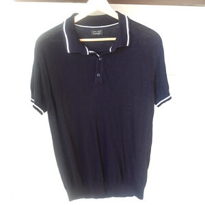 Zara Man Polo Shirt Mens Large Navy Blue Knit Contrast Trim Short Sleeve Sweater